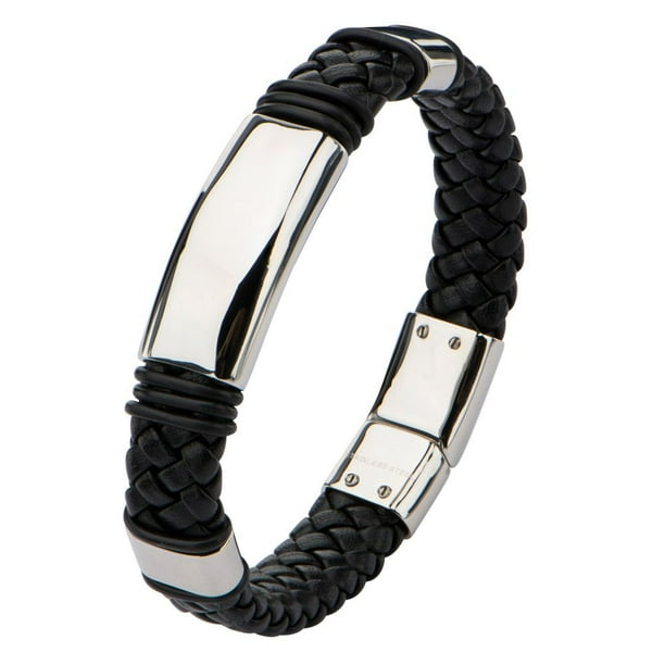 INOX Mens Black Leather with Shiny Stainless Steel Bracelet 8 1/2 inch Long INOX Mens Black Leather with Shiny Stainless Steel Bracelet 8 1/2 inch Long